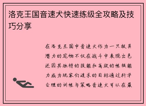 洛克王国音速犬快速练级全攻略及技巧分享