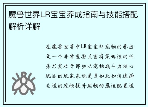 魔兽世界LR宝宝养成指南与技能搭配解析详解